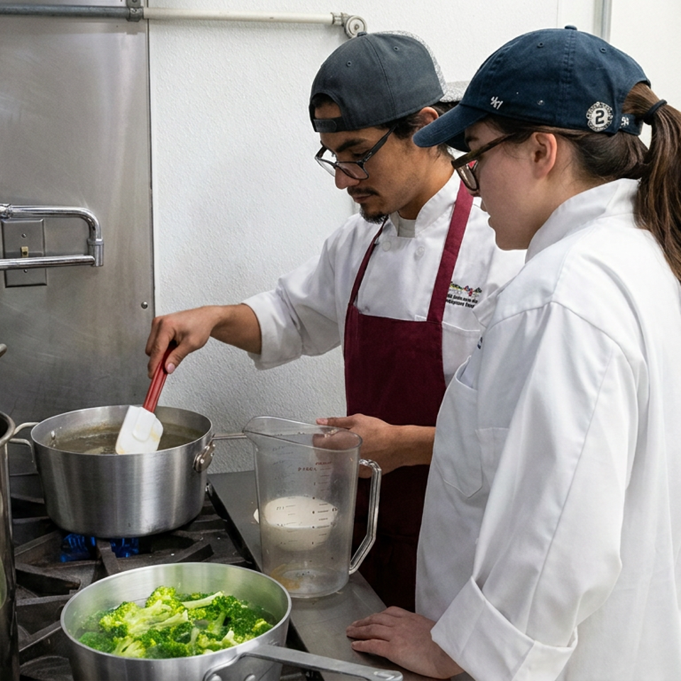 Two chefs prepare food in a commercial kitchen, stirring a pot beside measuring ingredients and a bowl of fresh broccoli.