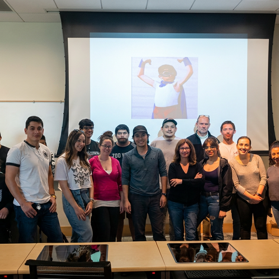 Group of adults posing together in a conference room beneath a projected illustration.