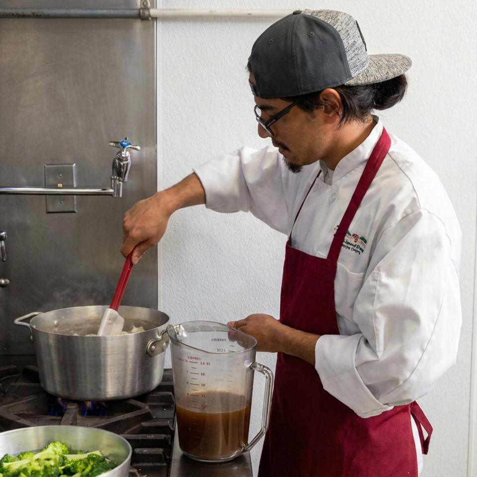 Chef stirring a steaming pot on a commercial stove beside a measuring jug of sauce and bowl of broccoli.
